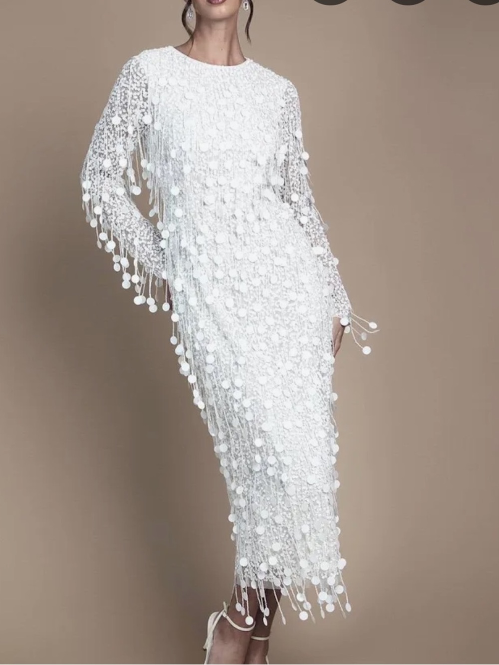 Elegant White Long Sleeve Sequin Fringe Midi Dress